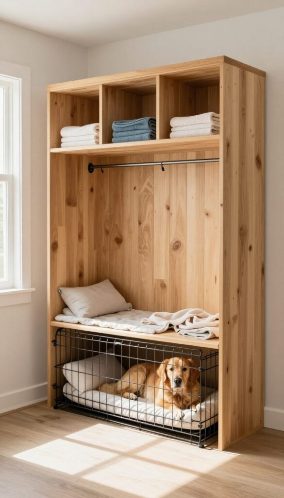 Custom crate nook built into mudroom cabinetry with a dog resting inside.