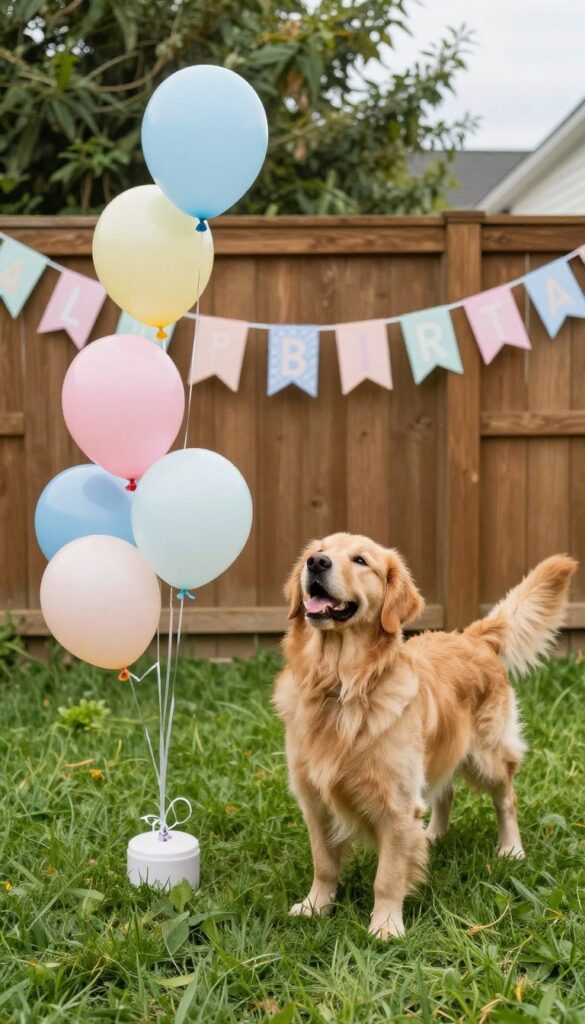 Dog-safe backyard party decorations with mylar balloons and fabric bunting banner, golden retriever enjoying the setup