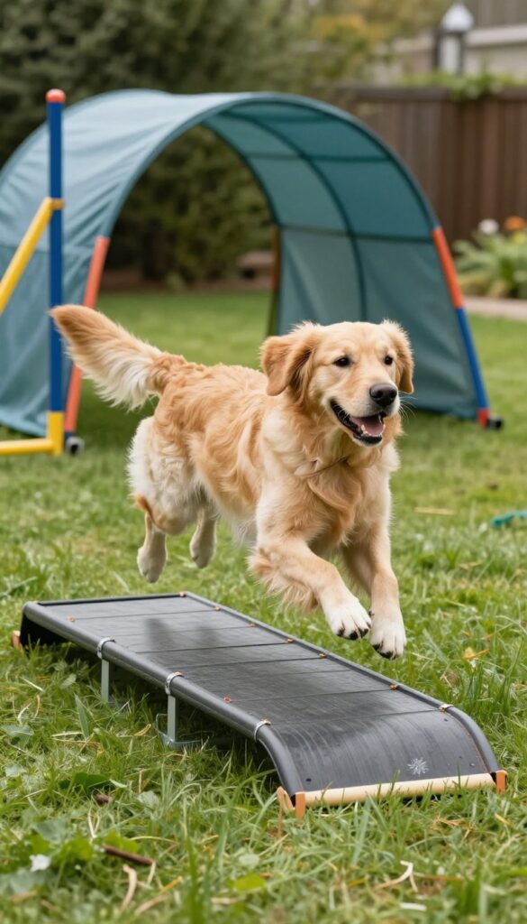DIY dog agility course in a backyard with a Golden Retriever jumping over a PVC hurdle, weave poles, and a tunnel