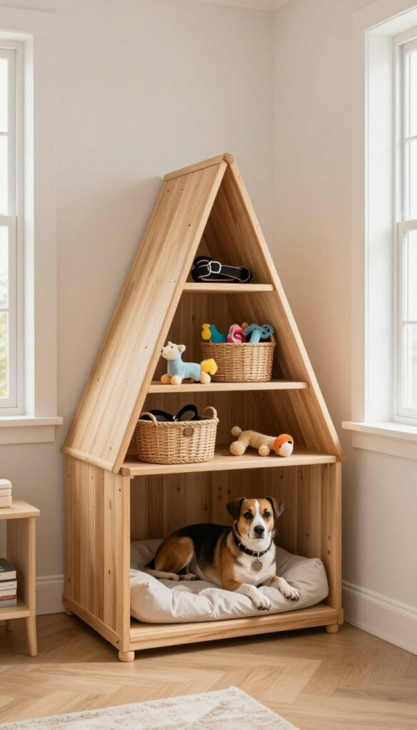 Corner dog kennel with built-in storage shelves holding leashes, toys, and treats in a bright, cozy living room.