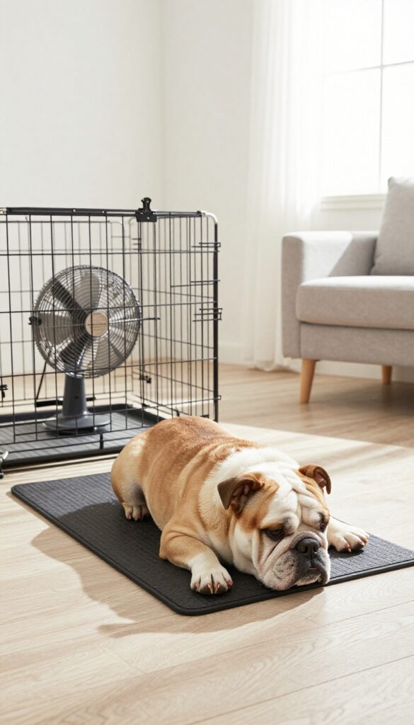 Dog crate with a clipped fan and cooling pad, featuring a bulldog resting comfortably inside during warm weather.