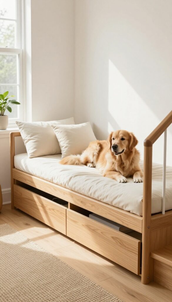 A dog relaxing on a plush daybed under stairs with storage drawer underneath in a bright modern home