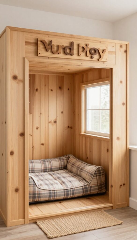 Cozy under-stairs dog nook with cabin theme, plaid bed, and personalized name sign.