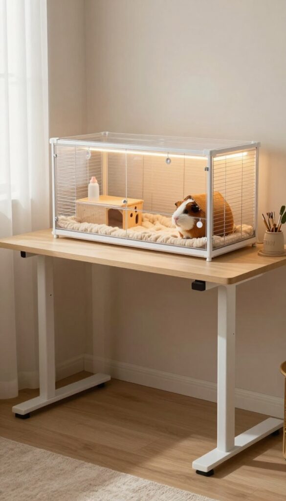 Under-desk guinea pig cage with fleece bedding and hidey house, illuminated by LED strip light