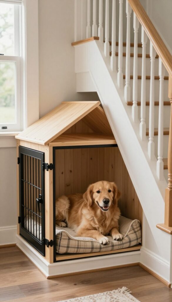 Built-in dog crate under stairs with golden retriever on cozy bed