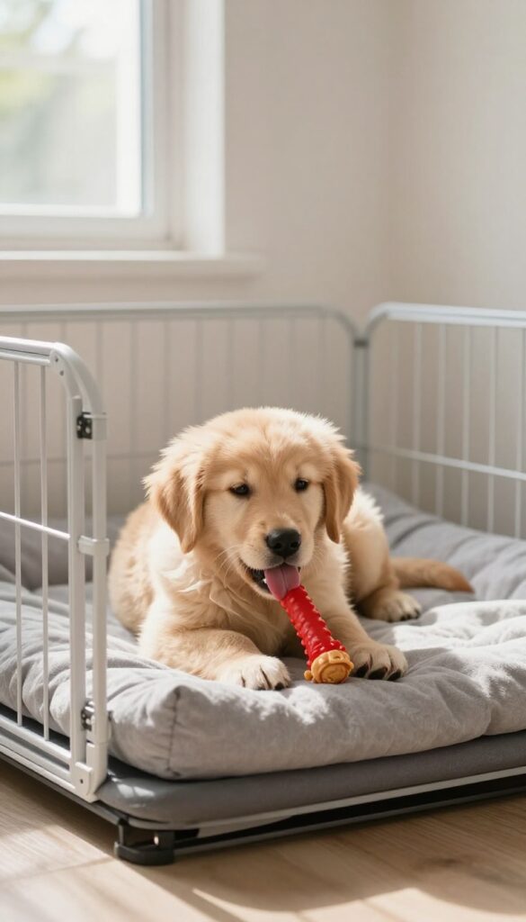Golden retriever puppy licking a Kong toy inside a cozy crate with soft bedding and natural light