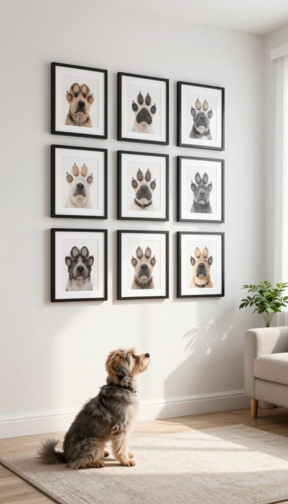 A gallery wall of dog paw print art in matching black frames, arranged in a grid, with a small dog sitting on a rug nearby in a cozy living room.
