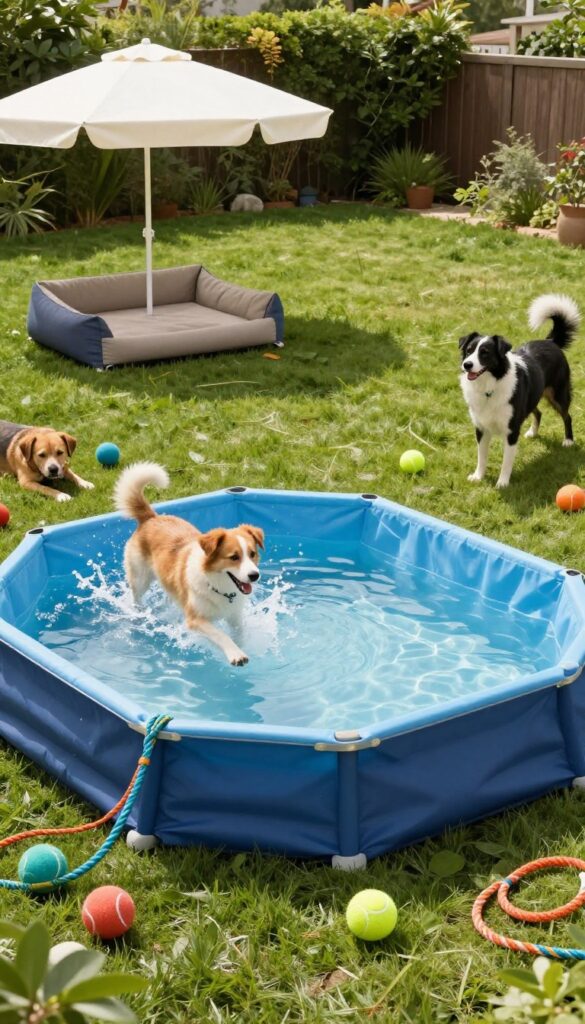 A fenced play zone in a sunny backyard with a kiddie pool, toys, and a shady retreat for shy dogs.