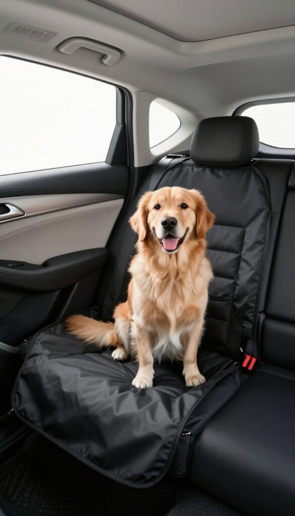 Golden retriever sitting on a black hammock seat cover in a car, protecting the upholstery from fur and dirt.
