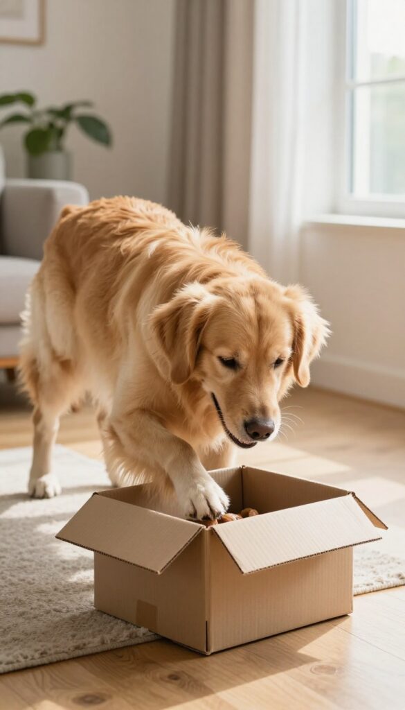A golden retriever interacts with a cardboard box puzzle on a wooden floor in a bright room.