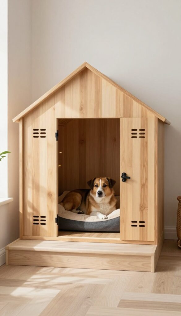 Built-in dog kennel under stairs with wooden door and dog resting inside
