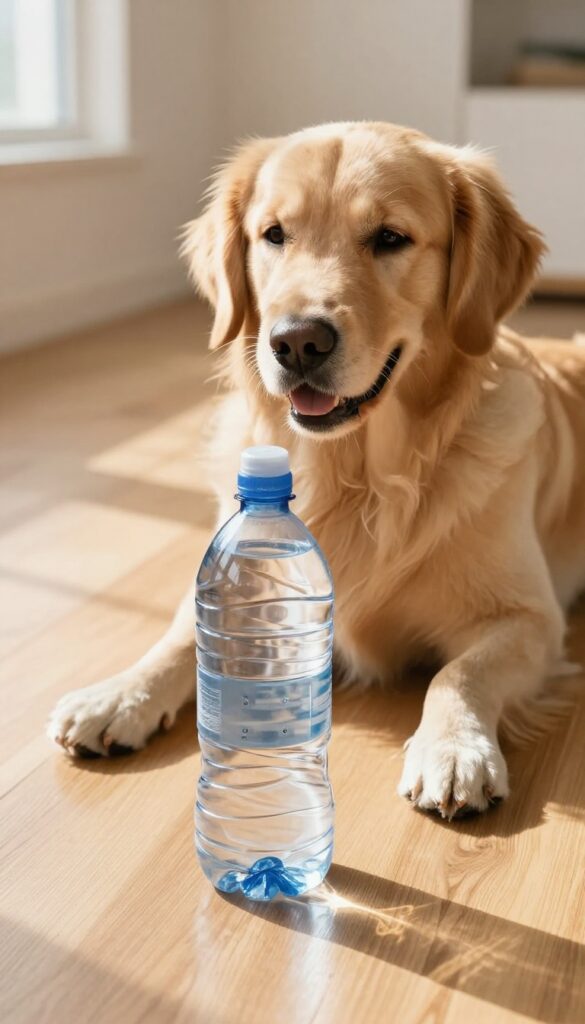 Golden retriever playing with a clear water bottle containing treats on a hardwood floor
