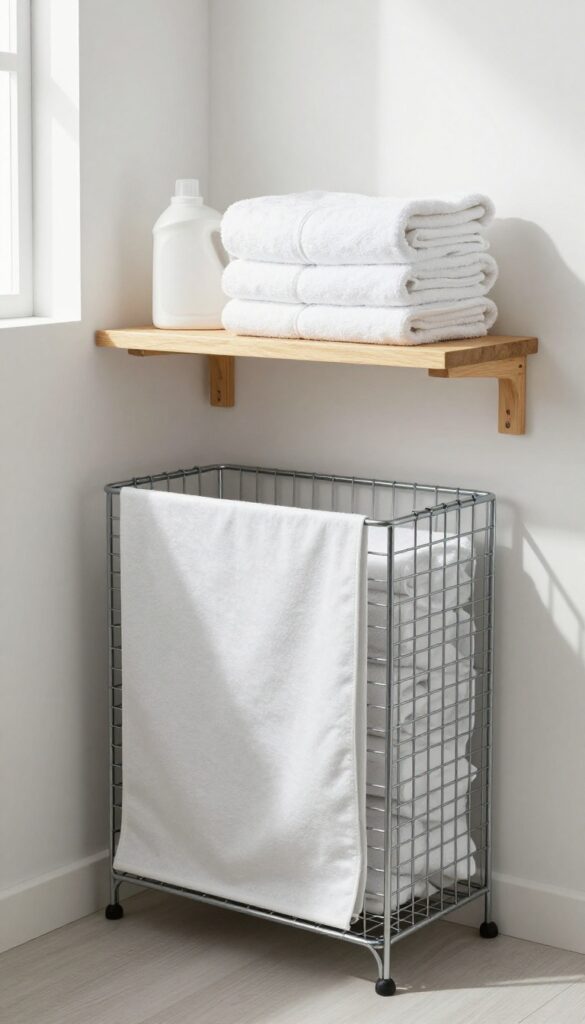 Collapsible metal crate folded flat on a wooden shelf in a bright laundry room, with towels and detergent nearby.