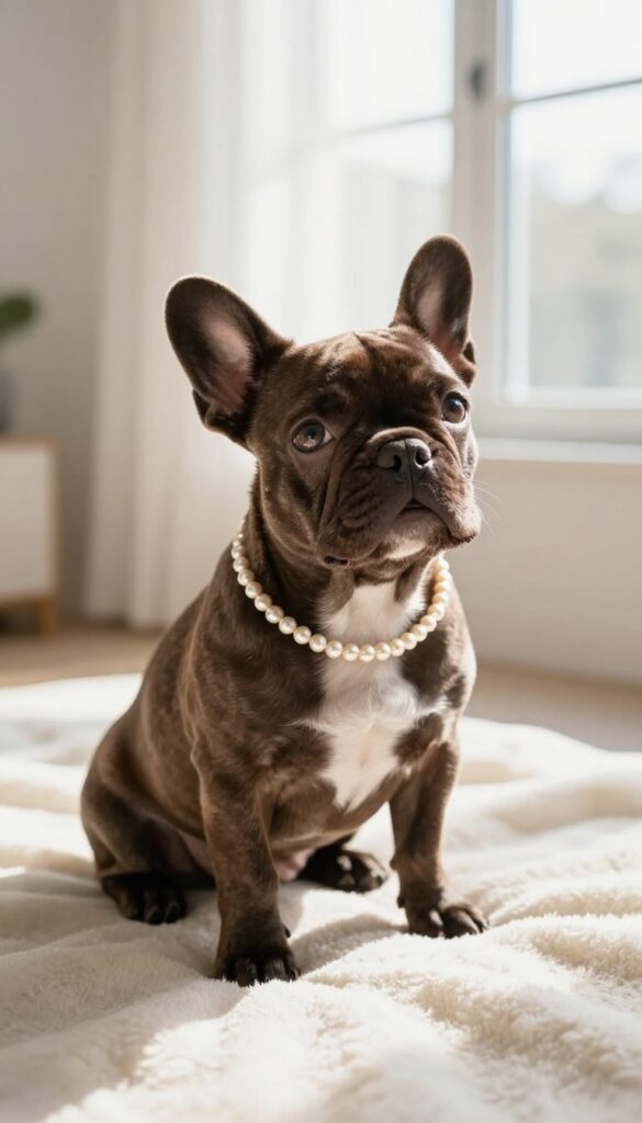 Chocolate French Bulldog puppy with pearl necklace in sunlit room