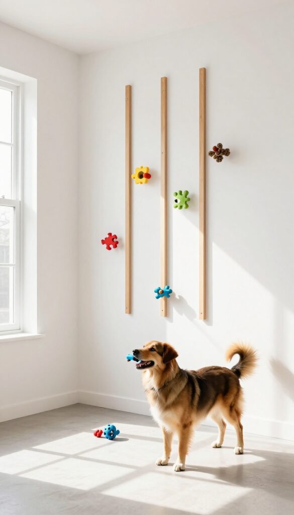 Interactive toy wall with puzzle feeders mounted on a board, dog reaching up to play, bright natural light, clean playroom