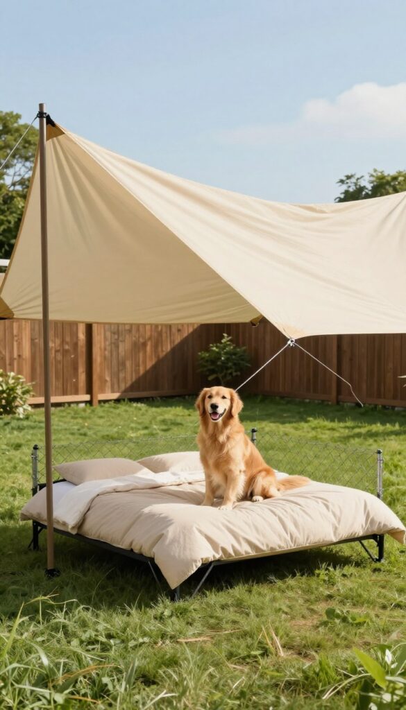 A standard dog kennel with a beige shade sail canopy overhead, a golden retriever sitting inside in the shade, sunny backyard setting.
