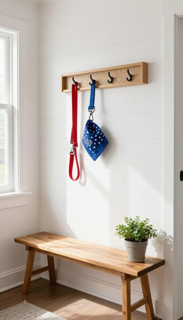 Interactive wall art with hooks holding dog leashes and collars in a bright entryway