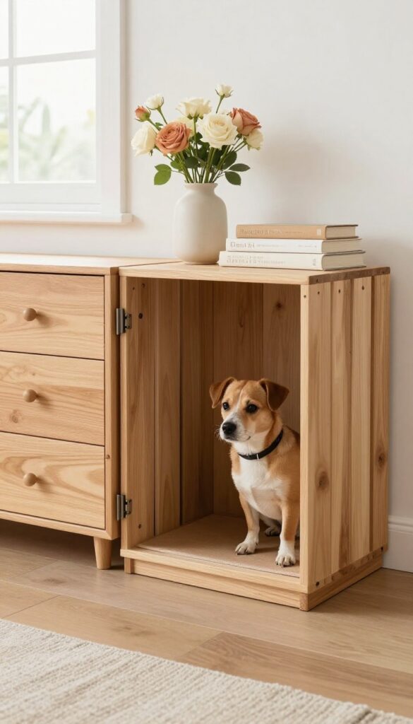 Built-in crate furniture with storage drawers and a dog peeking out