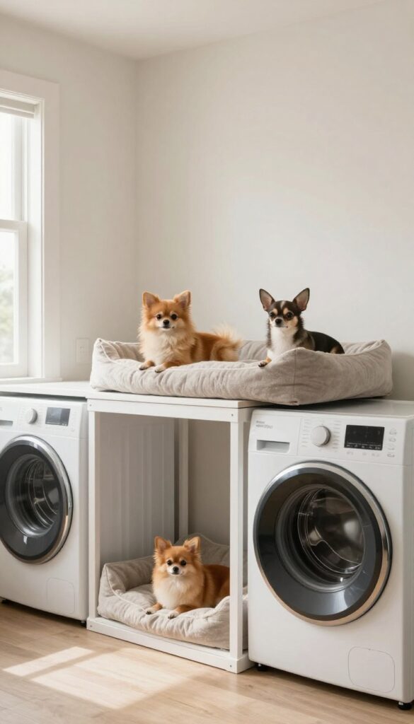 Slim vertical crate tower in a laundry room with two levels for small dogs, beside washer and dryer.