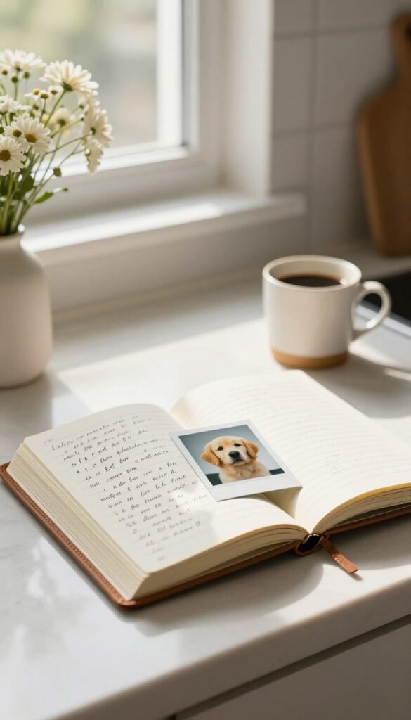 Dog mom journal on kitchen counter with photo of puppy
