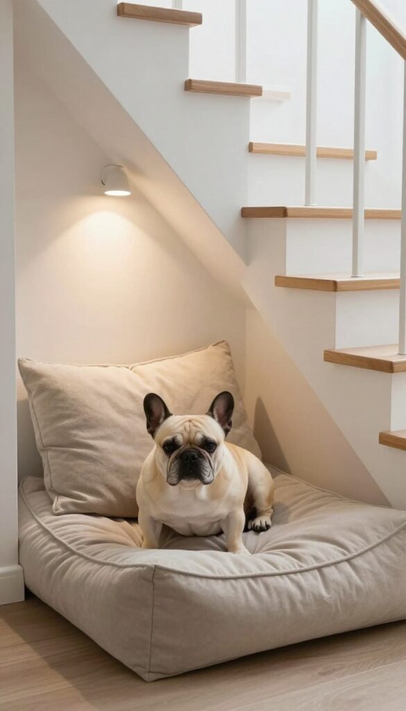 Cozy under-stairs dog kennel with cushioned flooring and a French Bulldog resting.