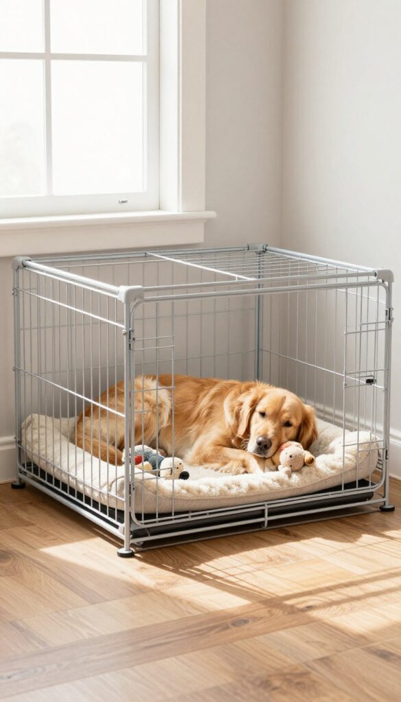 Portable dog crate set up in a hotel room with a golden retriever resting inside on a fleece pad
