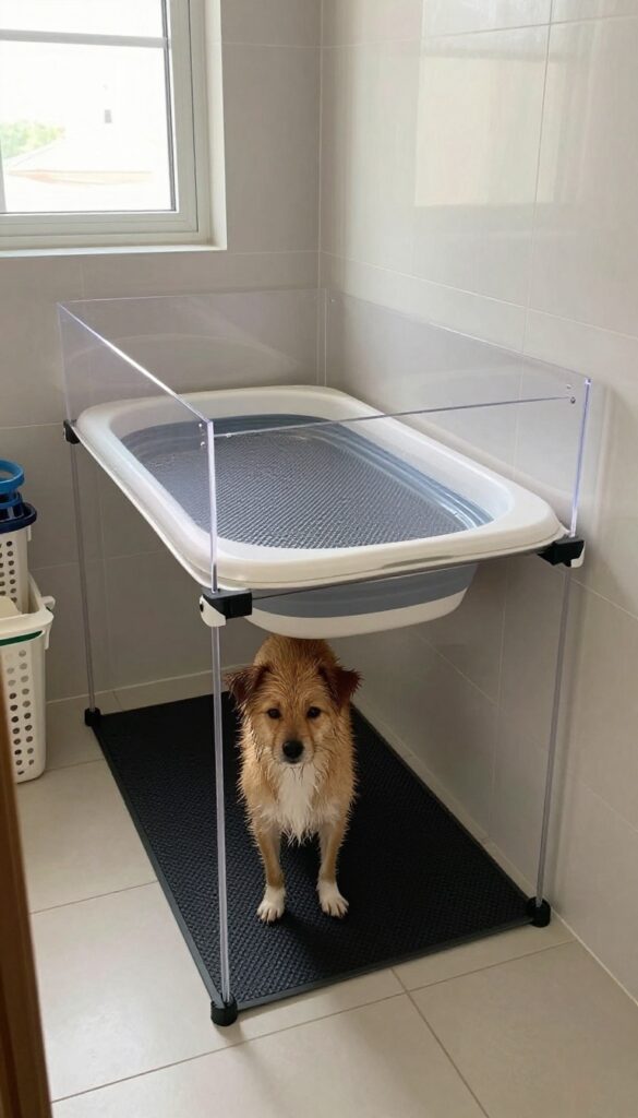Wall-mounted folding table with splash guard in laundry room, featuring a small dog on a non-slip mat with a portable tub