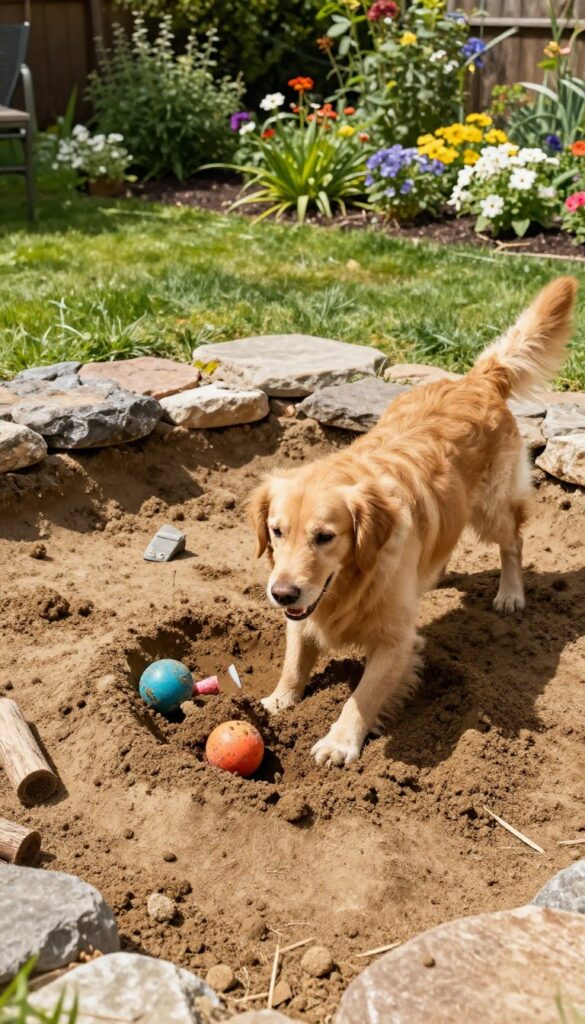 Dog digging in a designated digging zone in a backyard, with rocks and logs defining the area, garden beds intact in the background.