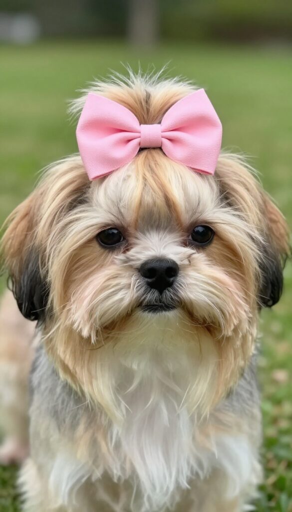 Small long-haired dog wearing a pink fabric hair bow on top of its head, outdoors in natural light with blurred green background.