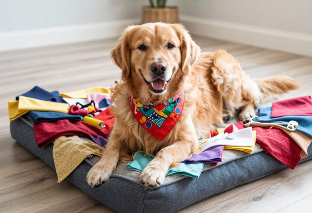 Golden retriever wearing a DIY bandana on a fabric crate pad with sewing supplies nearby.