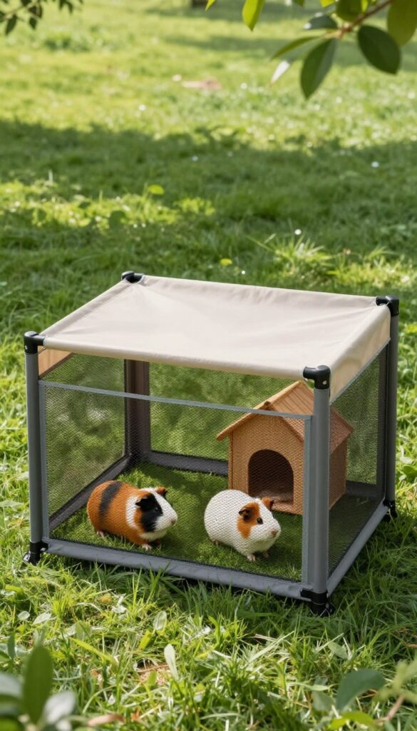 Outdoor summer playpen for guinea pigs with shade cover on grass