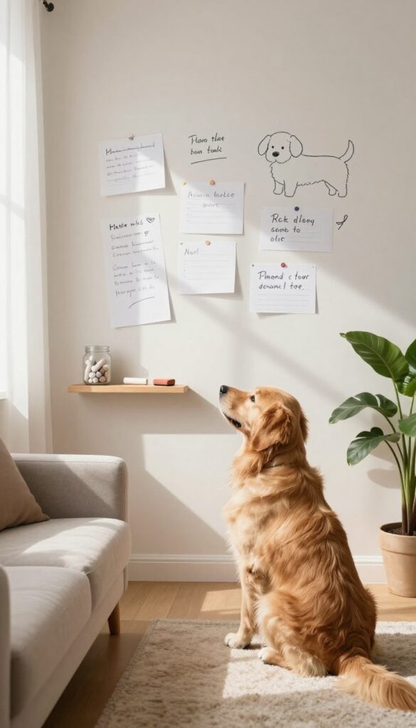 Cozy living room corner with chalkboard wall featuring dog notes and a golden retriever sitting on the rug.