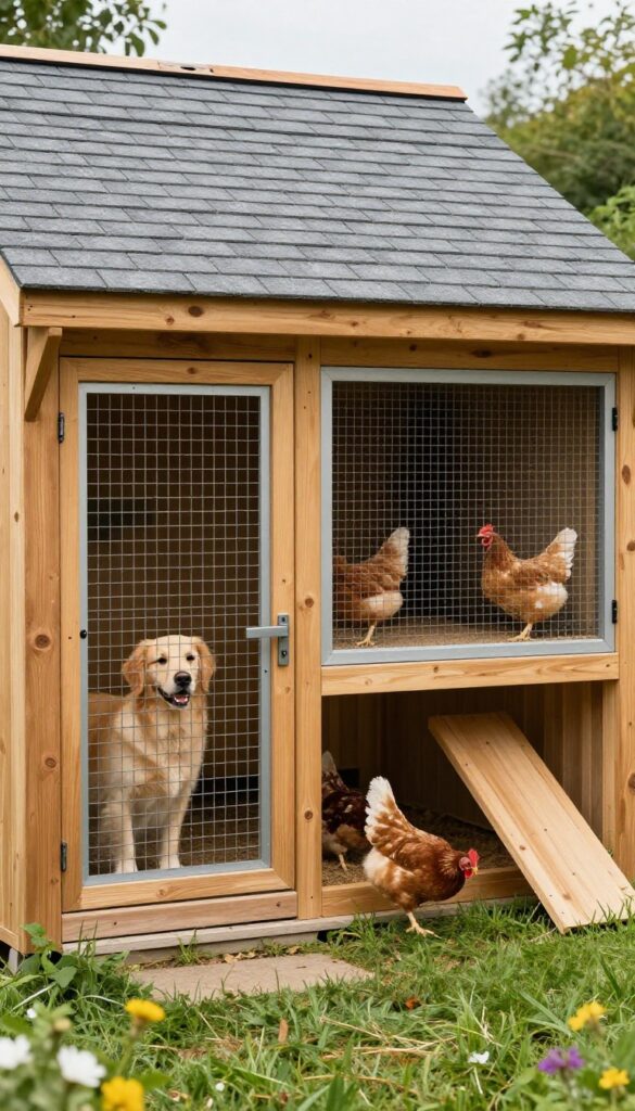 A-frame dog kennel and chicken coop combo in backyard