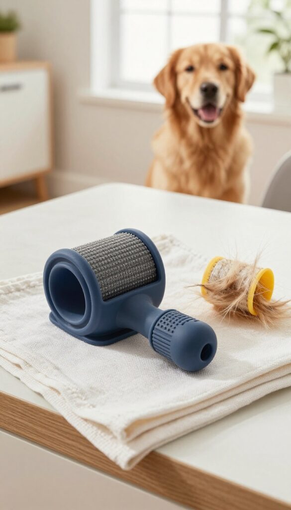 Dog hair remover roller set on a table with a Golden Retriever in the background