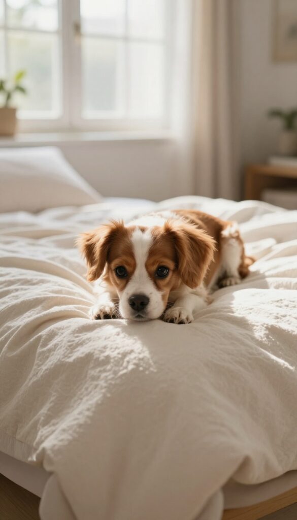 A small Cavalier King Charles Spaniel lying on a cozy blanket in a sunlit room, looking calmly at the camera.