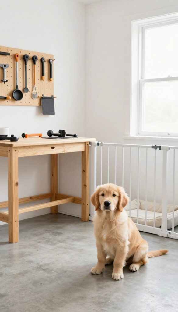 Safe garage dog space with baby gate and organized storage