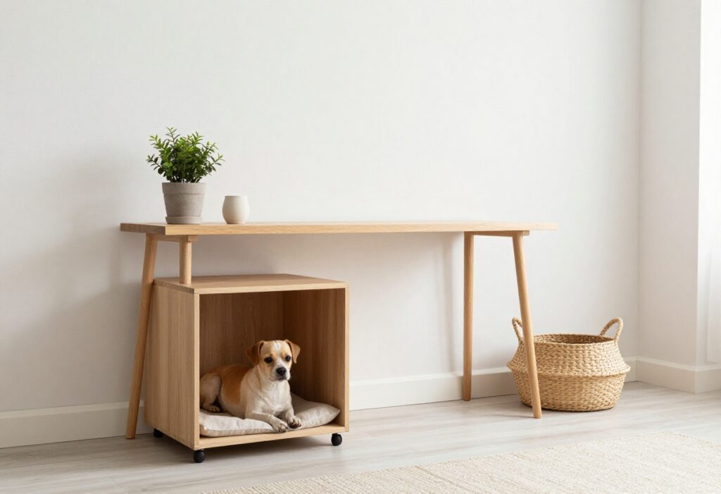Stylish dog crate console table in a bright living room with a dog resting inside