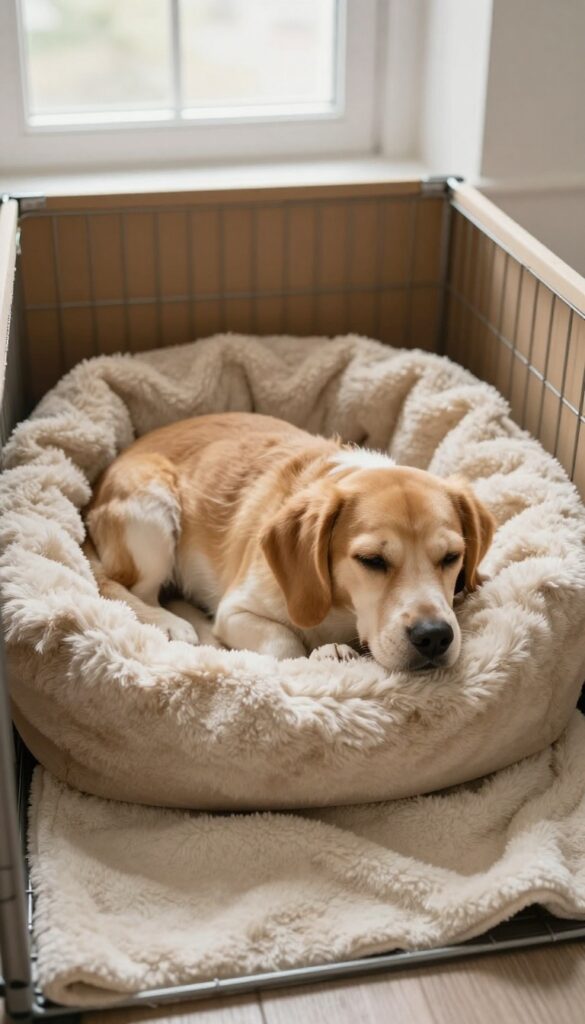 A dog curled up on soft layered blankets inside a crate, cozy and comfortable in natural light.