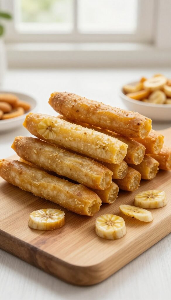 Grain-free banana sweet potato dog treats on a wooden cutting board, overhead view