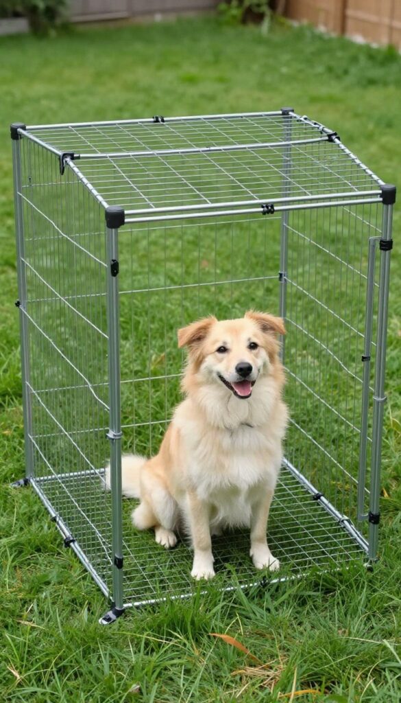 Portable wire panel kennel in a small sunny backyard, with a dog sitting inside on grass