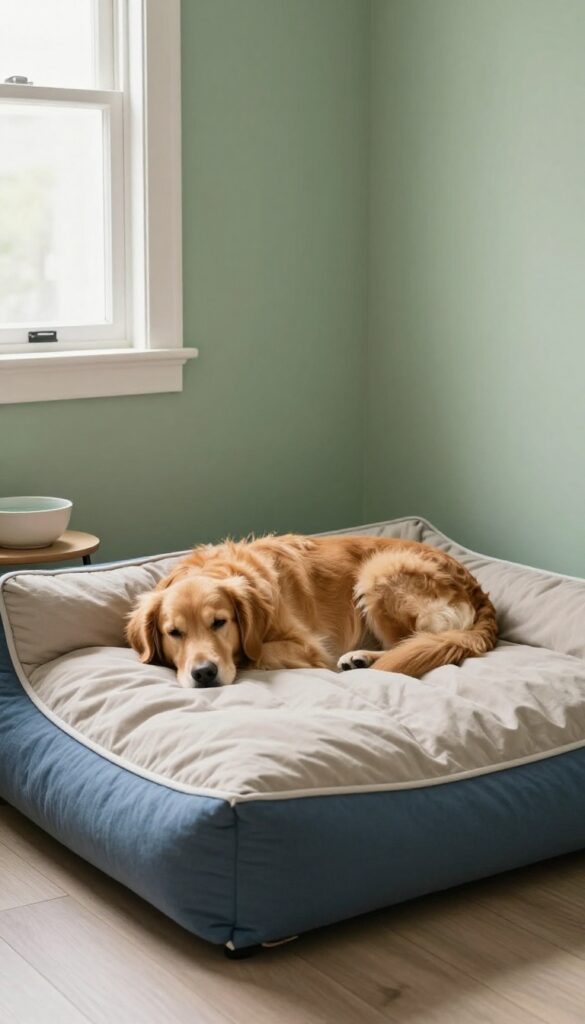 Dog sleeping on a calm-colored bed with sage green accent wall and soft blue bedding.