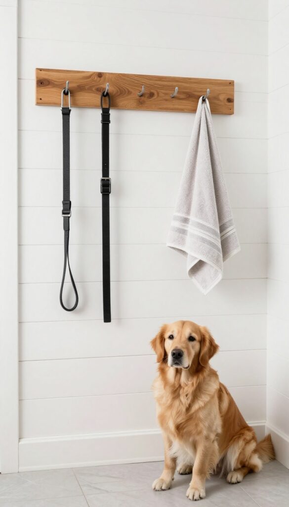 Wall-mounted storage with dog leashes and towels on hooks in a mudroom, dog sitting nearby