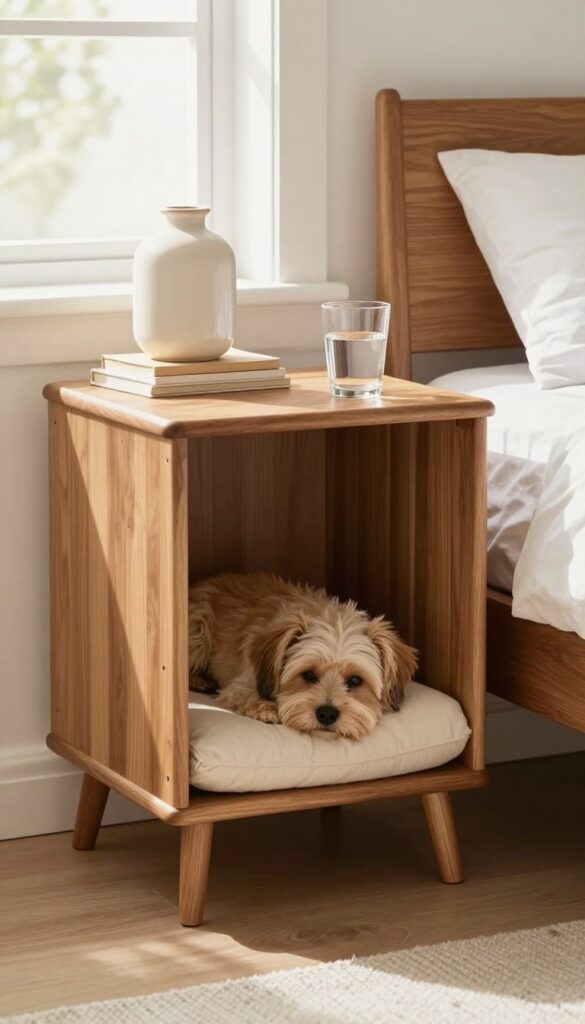 Dog crate used as a nightstand next to a bed, with lamp and books on top, dog sleeping inside.