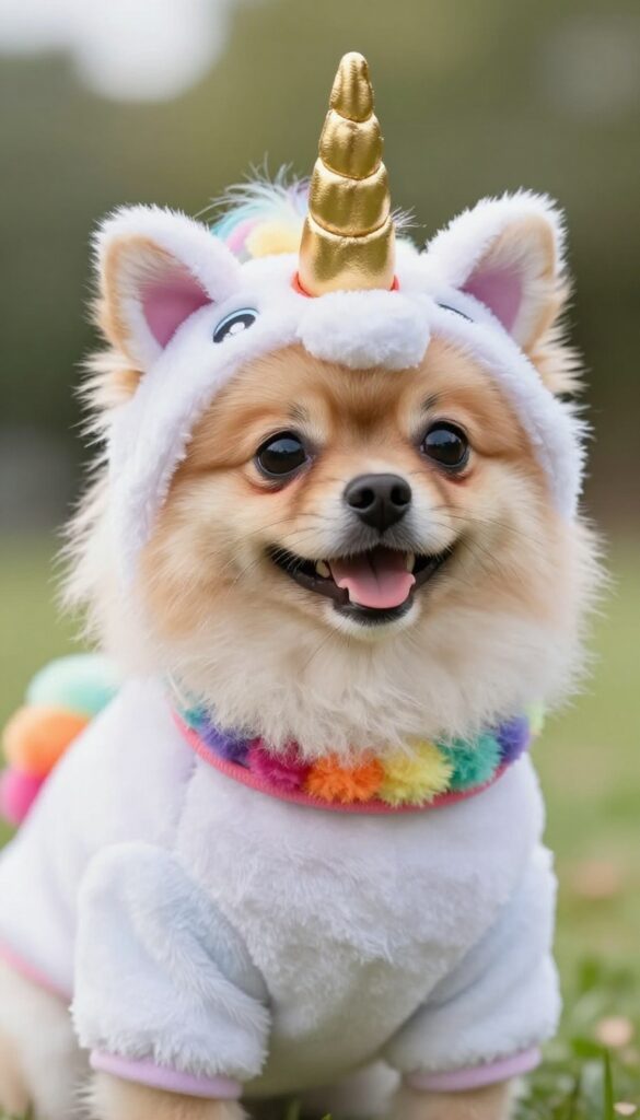 A small fluffy dog wearing a unicorn costume with a sparkly horn and rainbow mane in bright natural light