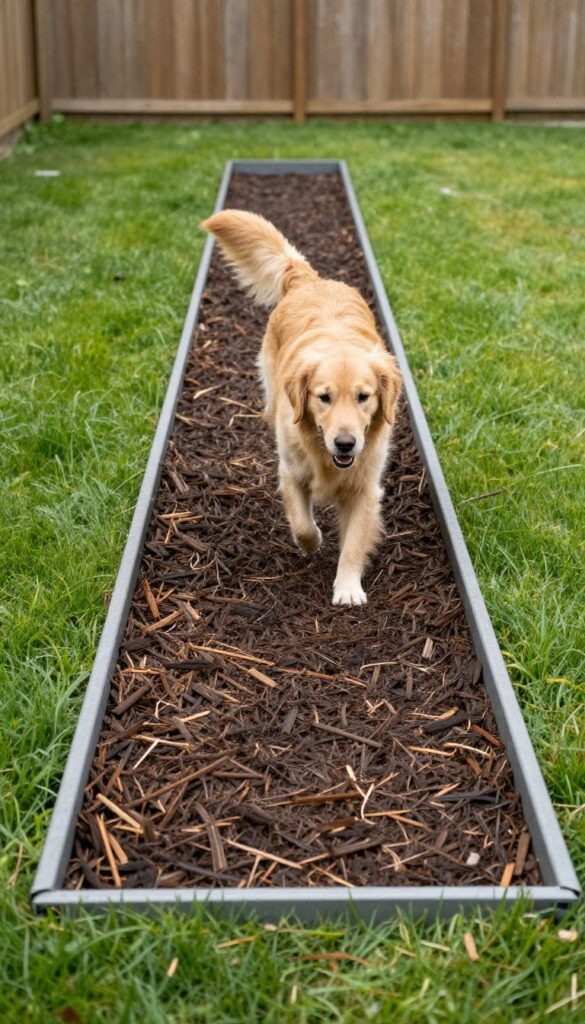 A dog walking along a narrow mulch run hugging a wooden fence in a clean, green backyard.