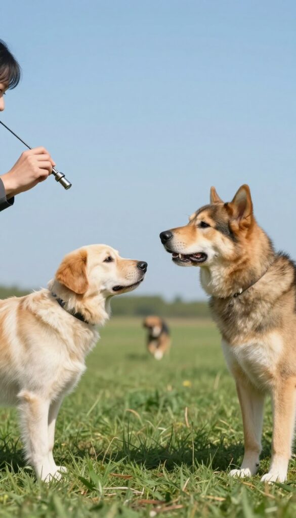 Person blowing a whistle while a dog runs toward them in a field