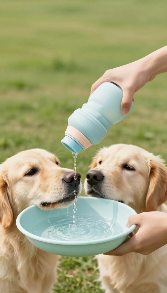 Collapsible water bottle with built-in bowl being used to hydrate a golden retriever on a walk