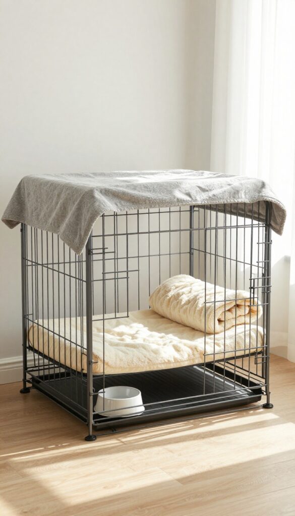 Large wire dog crate in corner with cover, soft bed, and blanket, bright natural light