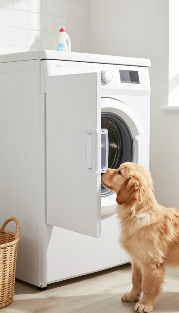A golden retriever puppy sniffs a closed laundry room cabinet with a childproof lock installed inside the door.