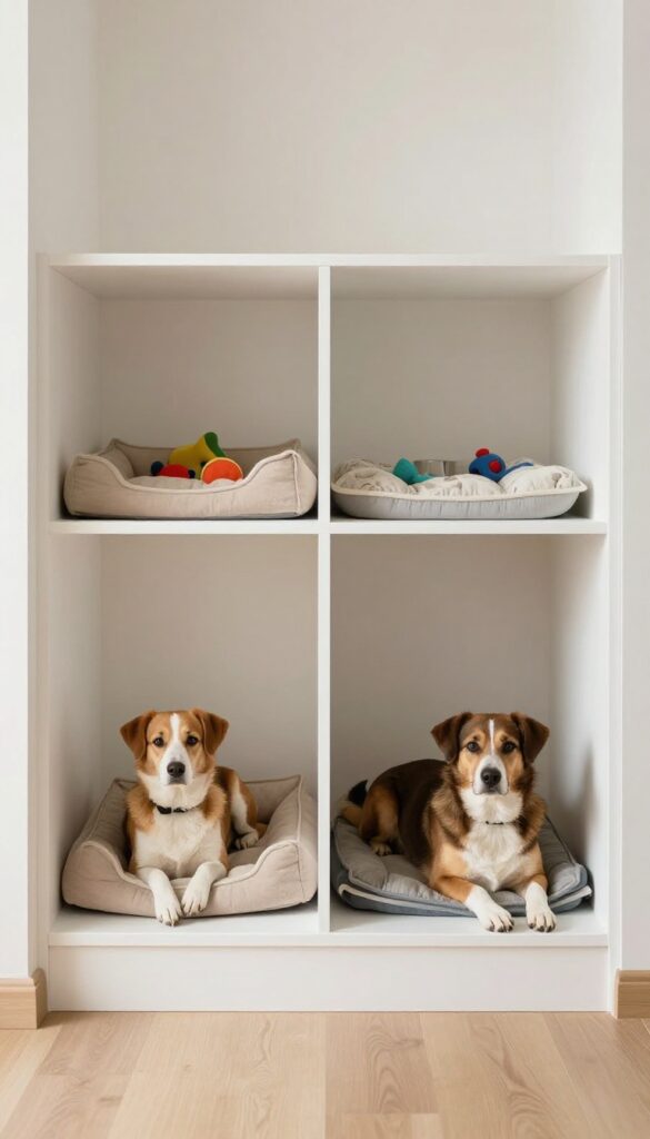 Cozy under-stairs dog room with separate zones for multiple dogs, featuring beds, toys, and dividers.